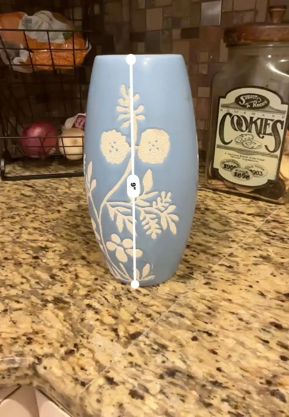 9 inch Light Blue Ceramic Vase with Raised White Floral Relief